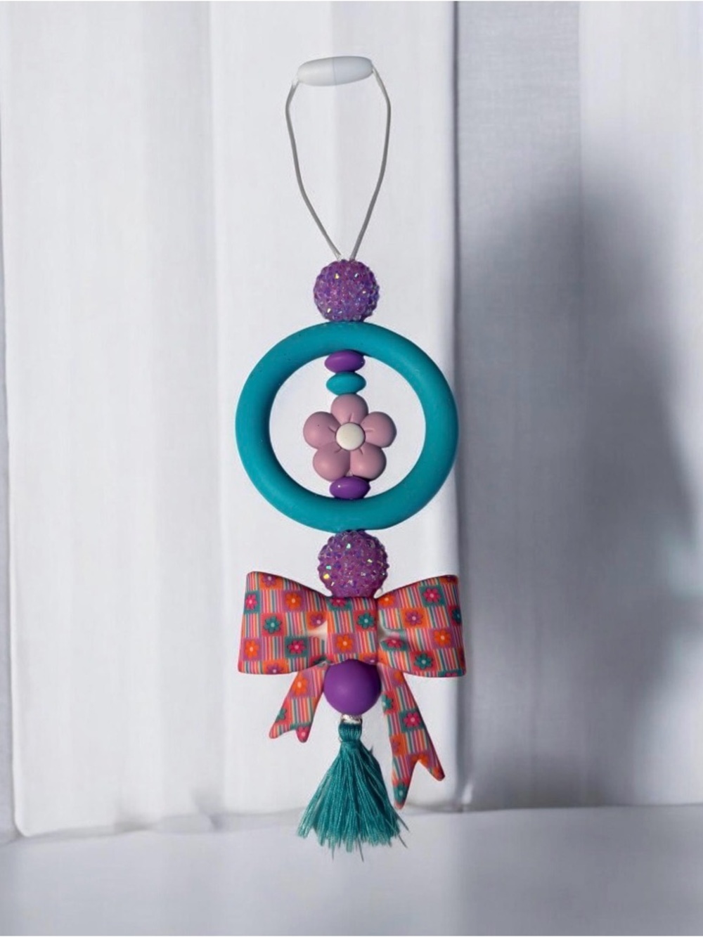 Handmade BeadedTeal Ring Floral Bow Hanging Car Charm